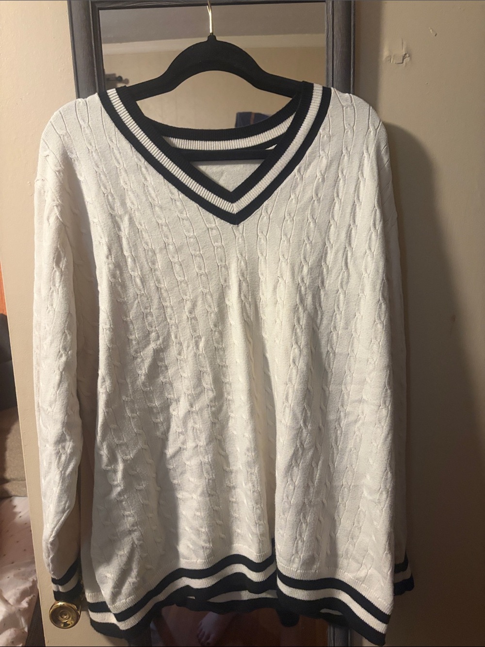 White Cable Knit V-Neck Sweater with black Trim